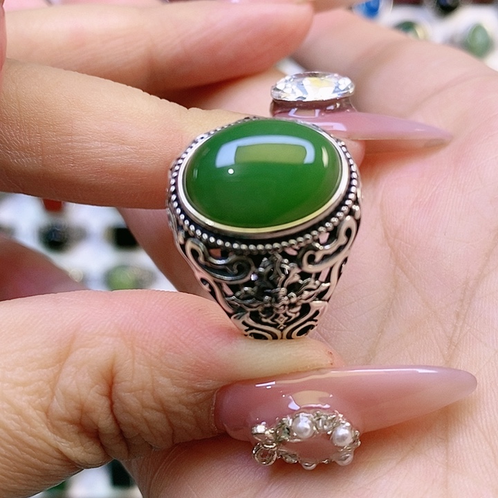 银S925镶嵌戒指和田玉铁****2