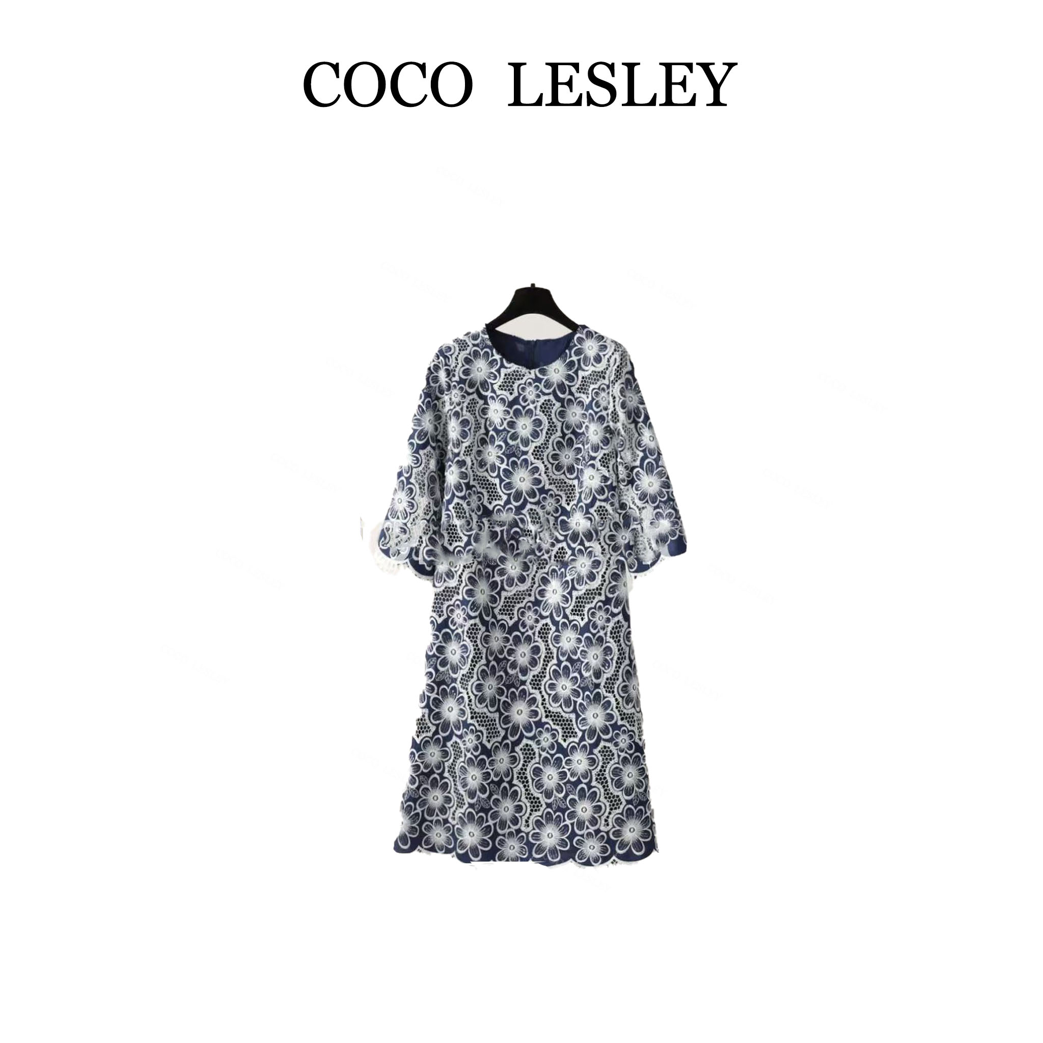 质轻奢优雅国风复古重工水溶花刺绣显瘦连衣裙Y-035