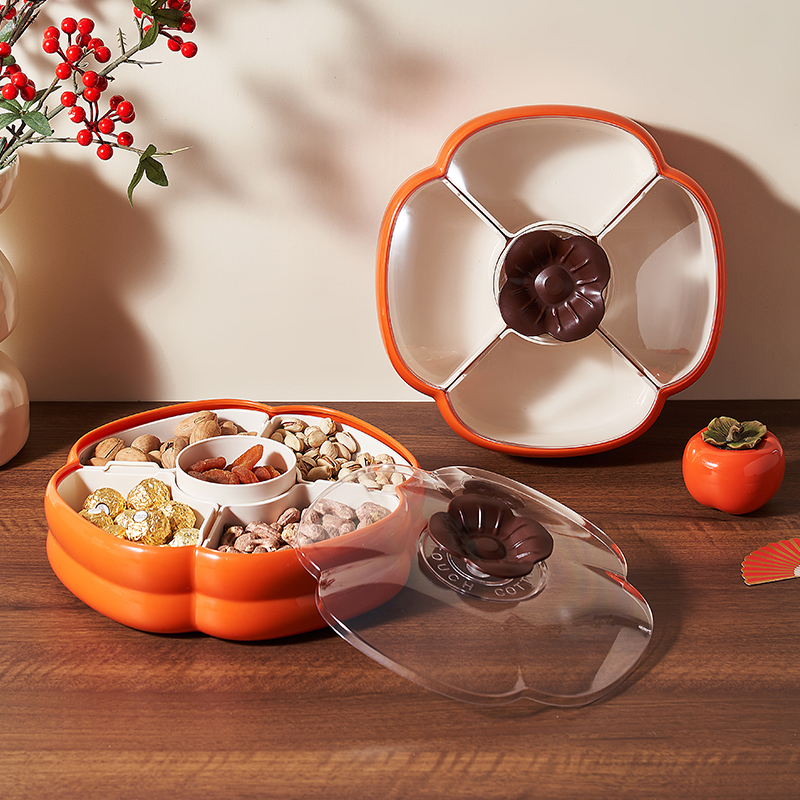 橱明星柿柿如意果盘家用大容量四分格带盖糖果盒坚果盒加厚零食盒