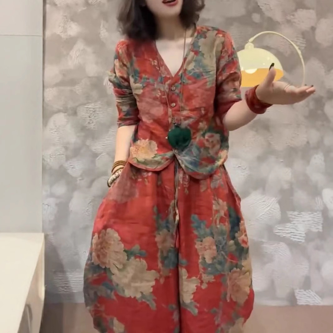 2025夏季气质显瘦时尚洋气民族风复古V领上衣国风休闲宽松灯笼裤