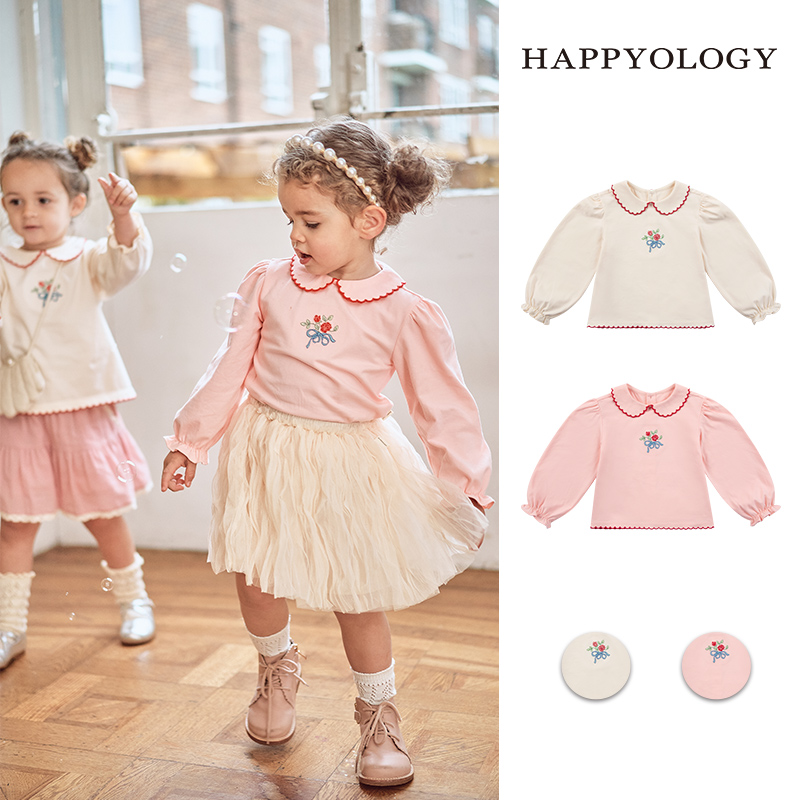 Happyology英国儿童春秋装新款女童童装撞色曲牙绣花针织长袖上衣