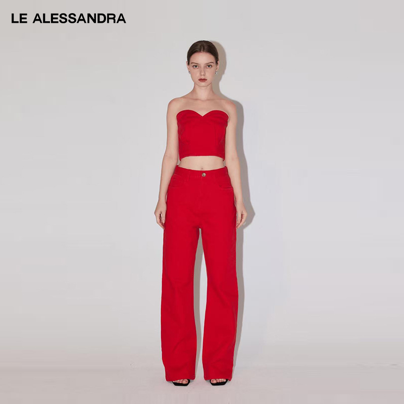 品牌直营LEALESSANDRA红色棉质夏季高腰阔腿时尚套装直筒牛仔裤