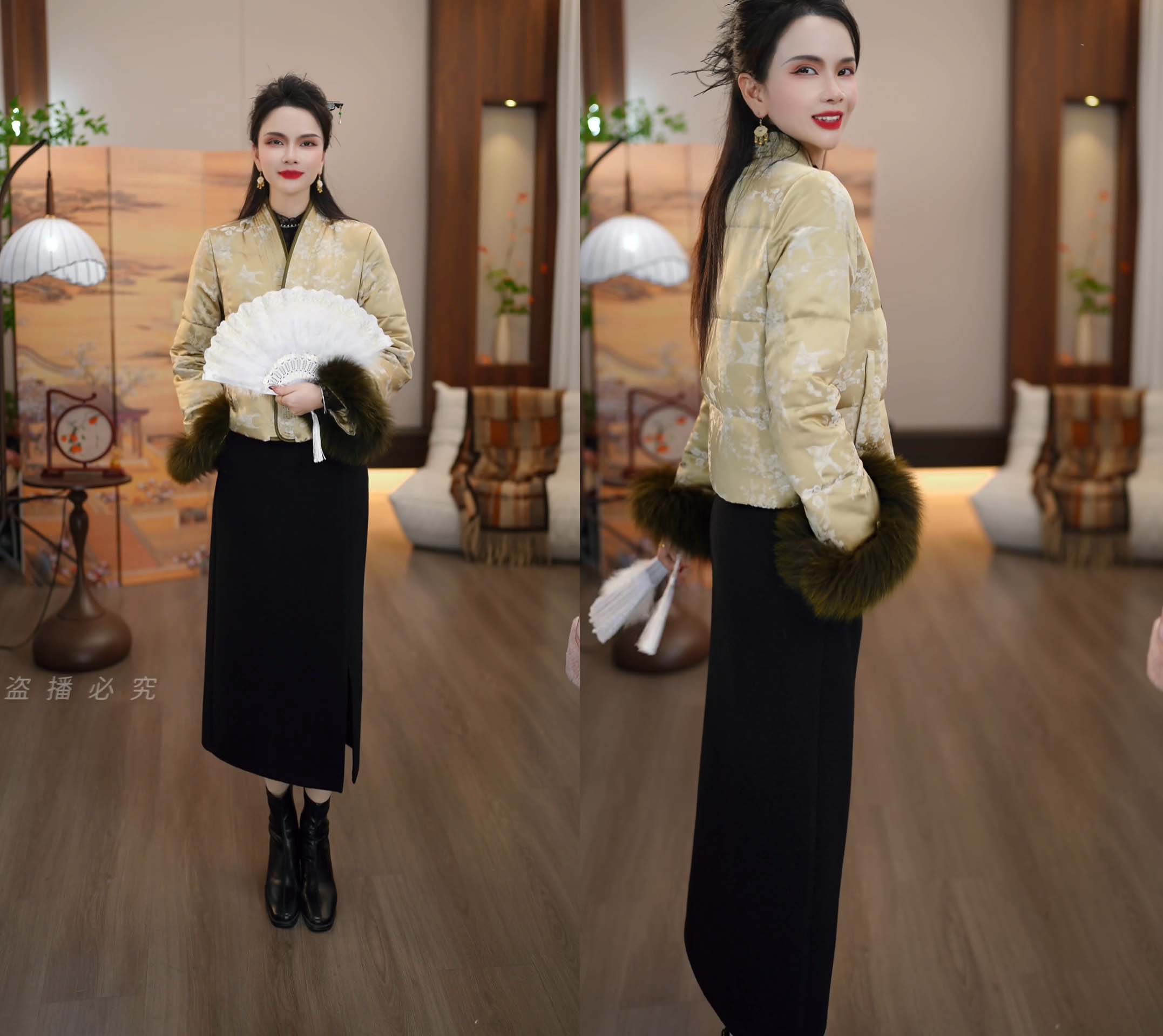 2025秋冬款贵妃金新中式提花时尚气质外套+黑色半裙两件套M-4XL