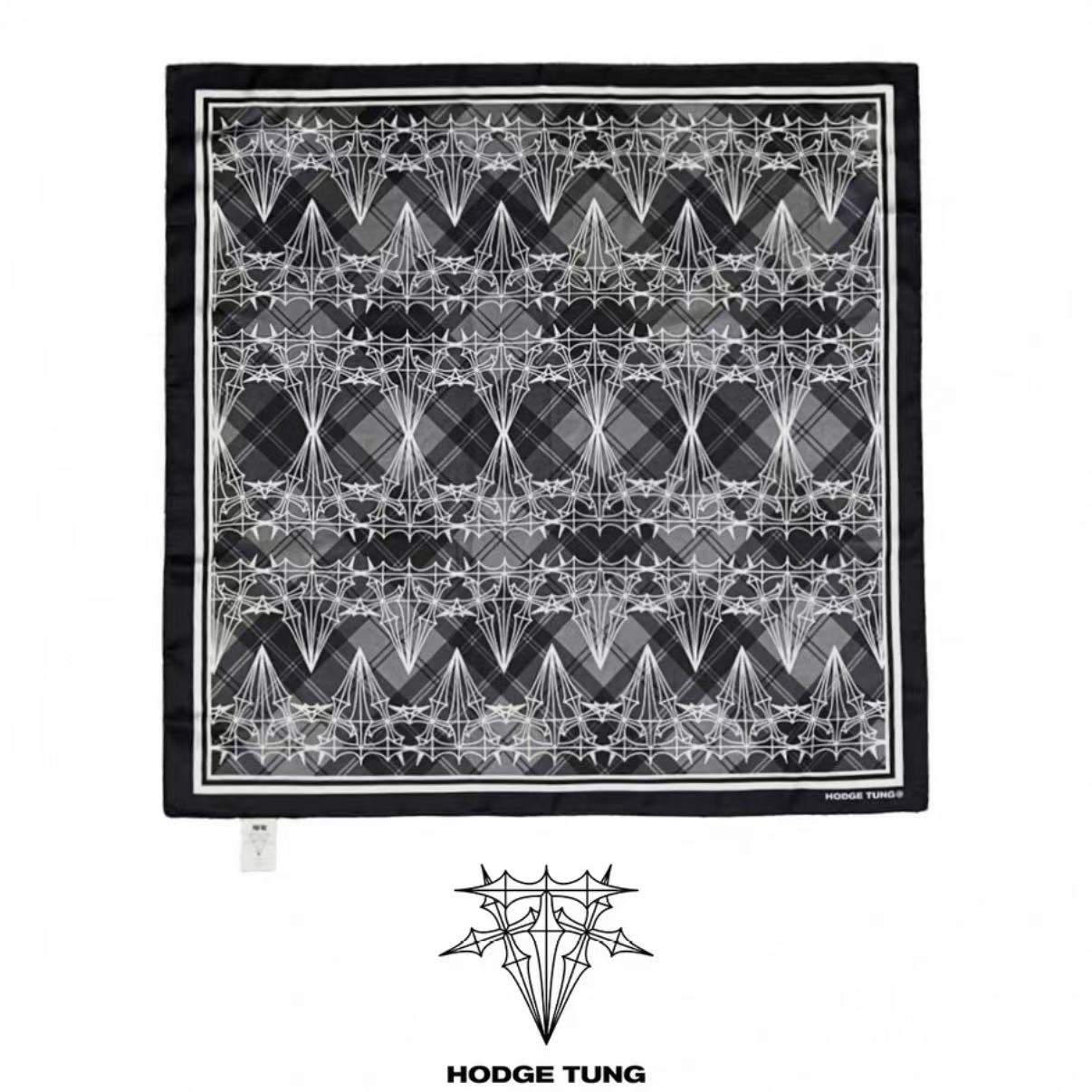 HODGETUNG 黑灰撞色复古格纹印花缎面雪纺丝巾方巾抹胸手帕