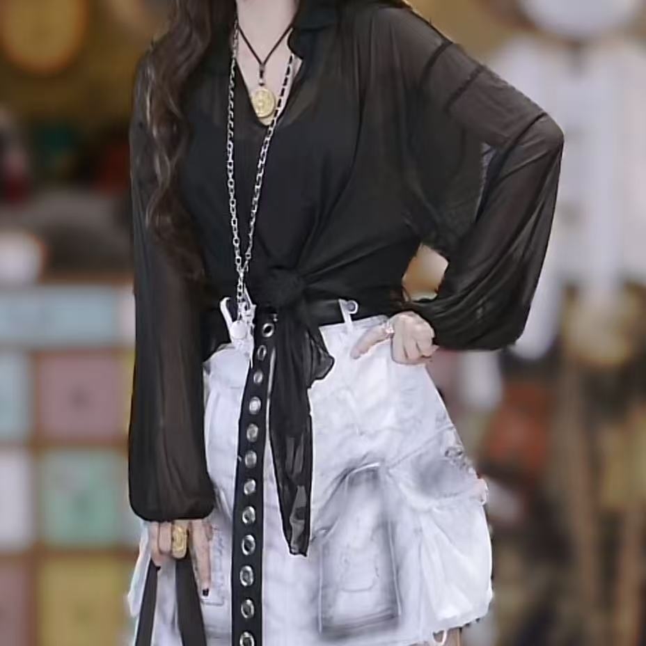 印花网纱下摆半开衫套头上衣