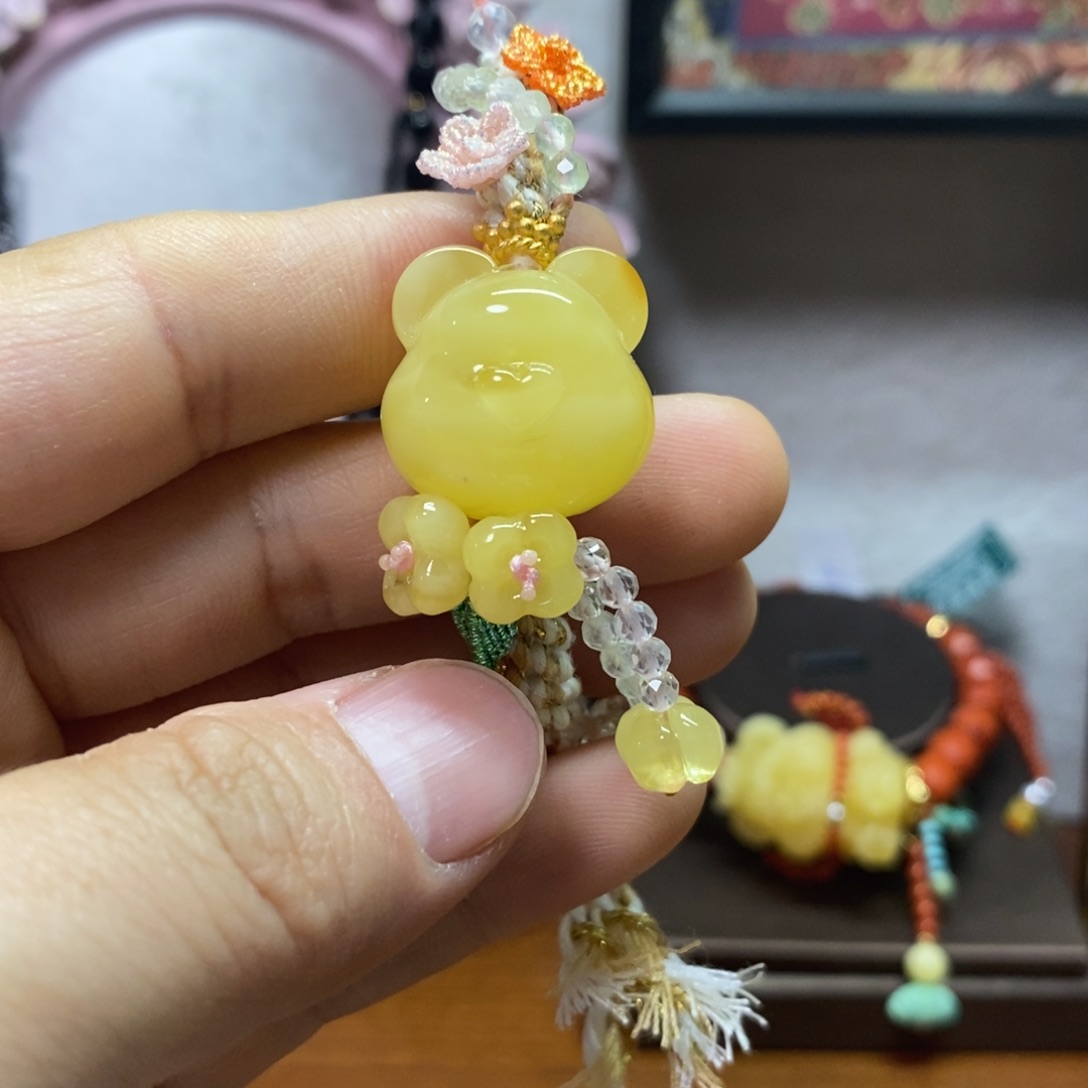 琥珀未镶嵌手链蜜蜡小熊编织手链