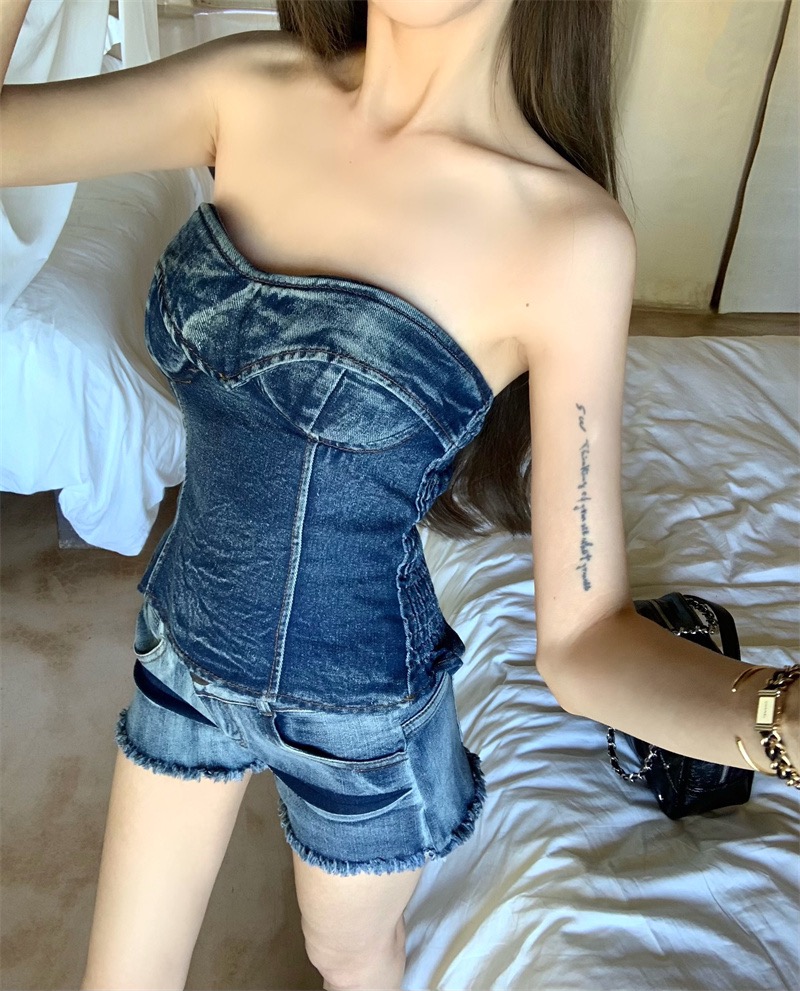 美式辣妹复古牛仔抹胸夏季弹力修身性感背心短裤套装2025新款套装