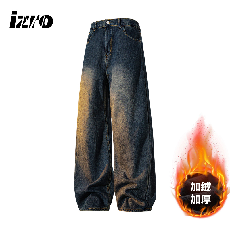 IZRO冬季百搭休闲复古水洗宽松时尚显高显瘦加绒牛仔裤男女同款