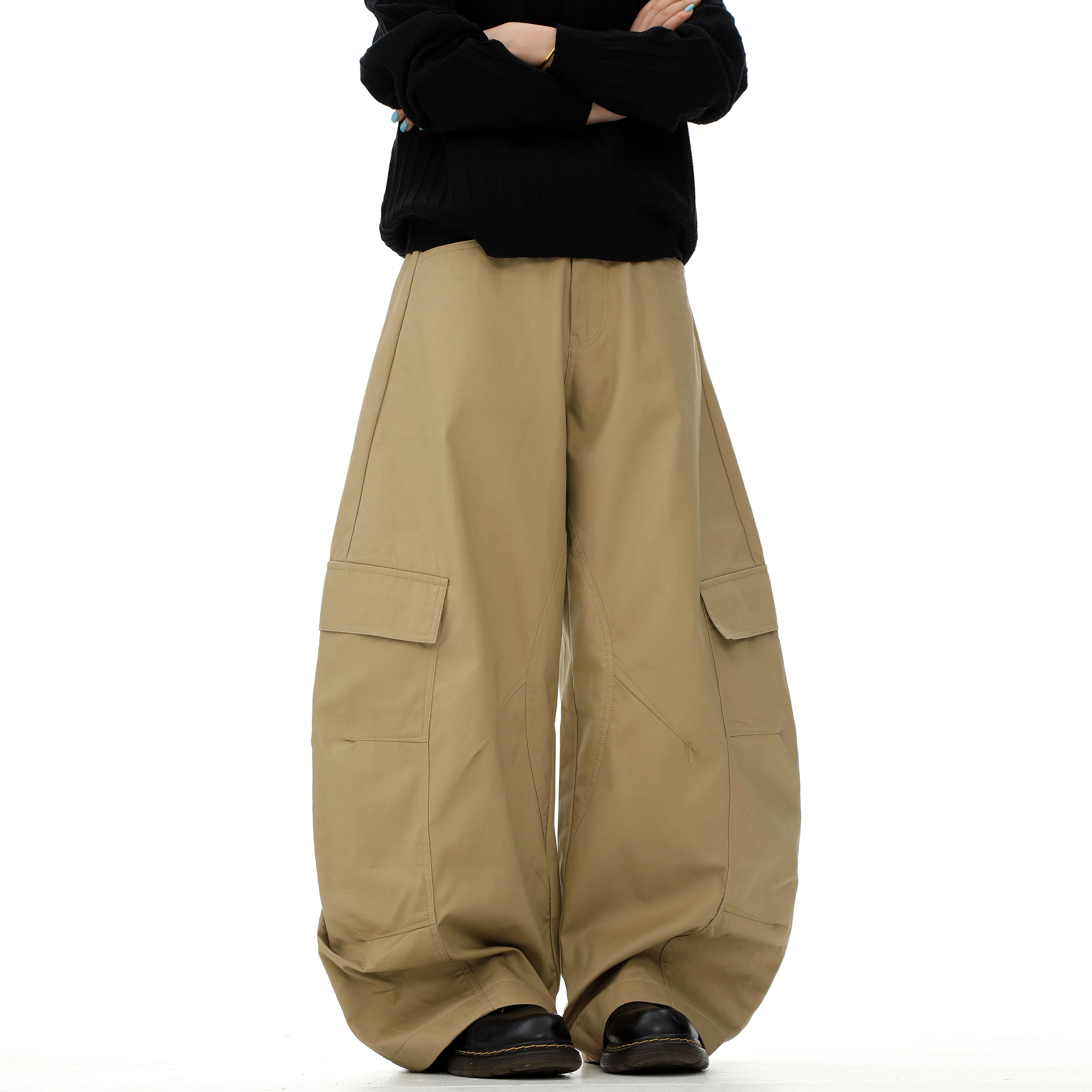 J LONE美式解构卡其色大口袋弯刀裤男女宽松廓形百搭休闲工装裤子