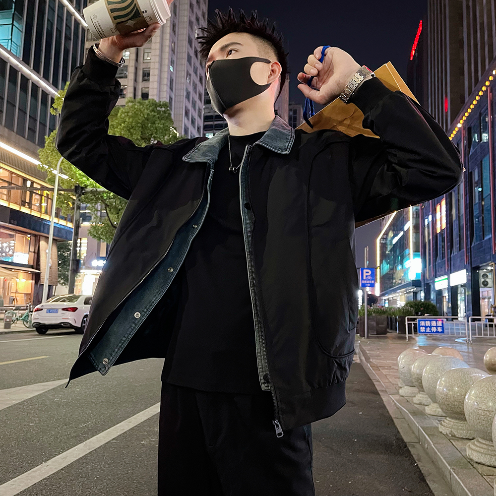 男士牛仔拼接假两件夹克春秋季2025新款爆款网红痞帅炸街翻领夹克