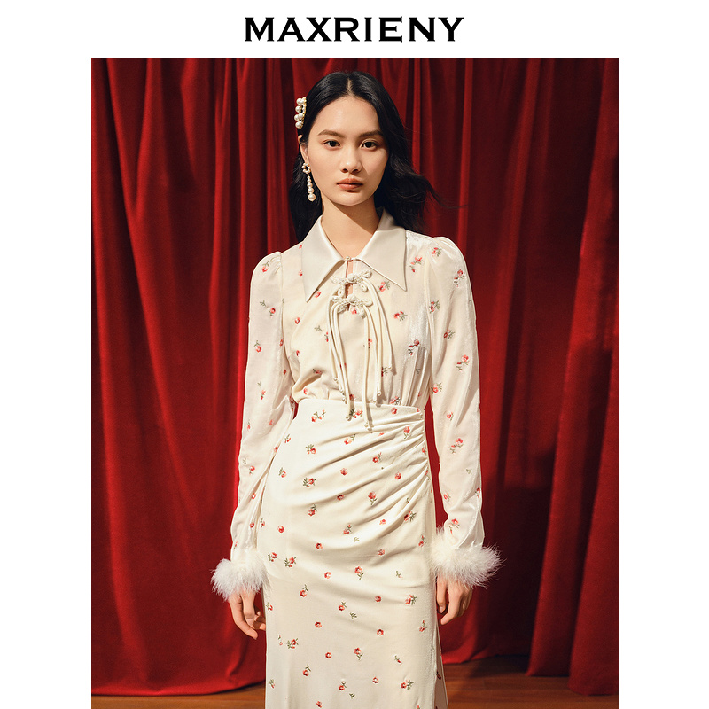 【达人专属】MAXRIENY国风宫廷扣直身丝绒衬衫修身上衣女