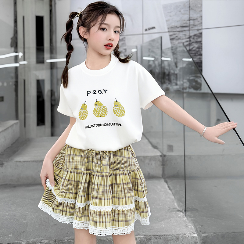 女童夏季休闲格子短袖裙子套装凉爽透气