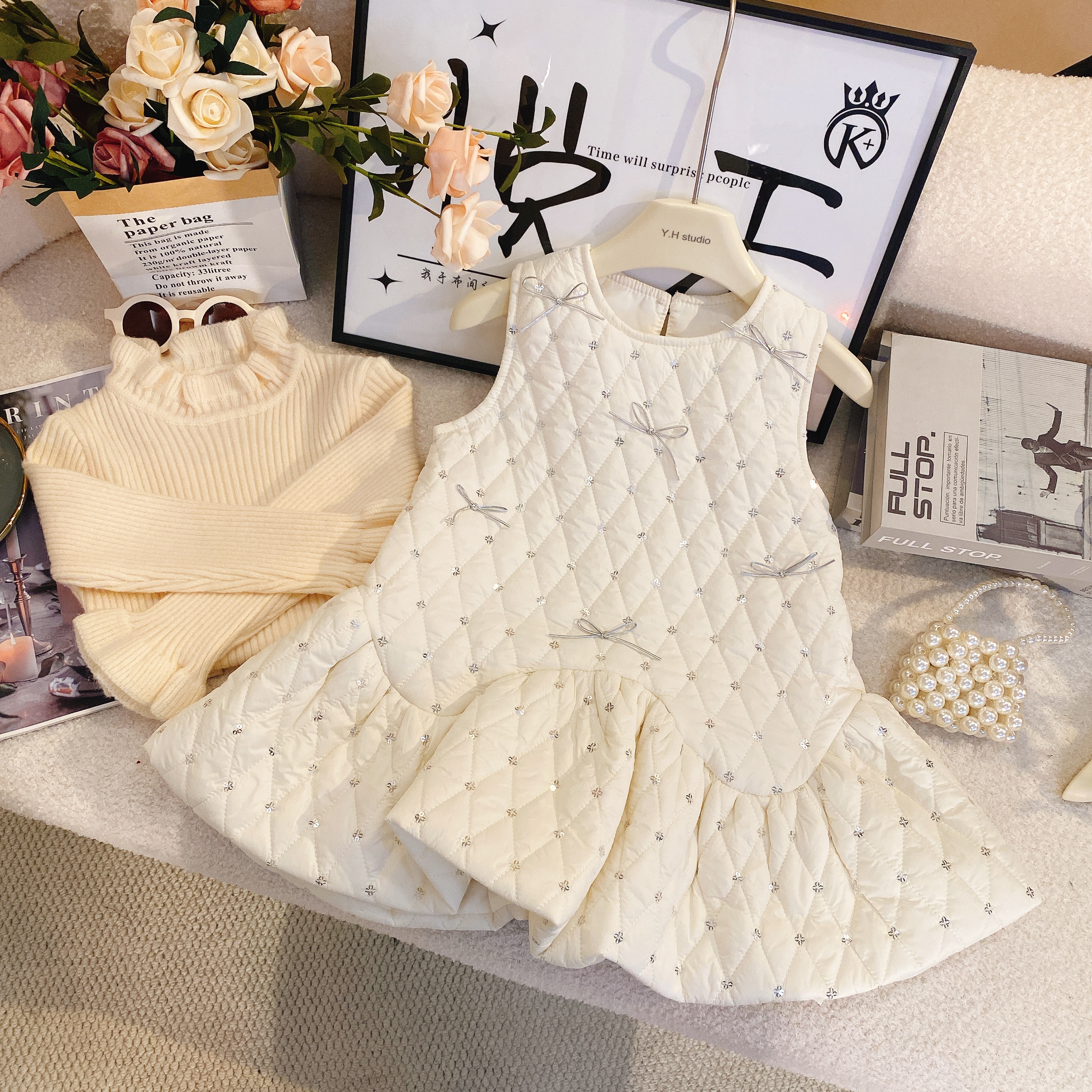 Y2【悦禾】冬季新款女童加绒加厚保暖小女孩亮片连衣裙套装6259