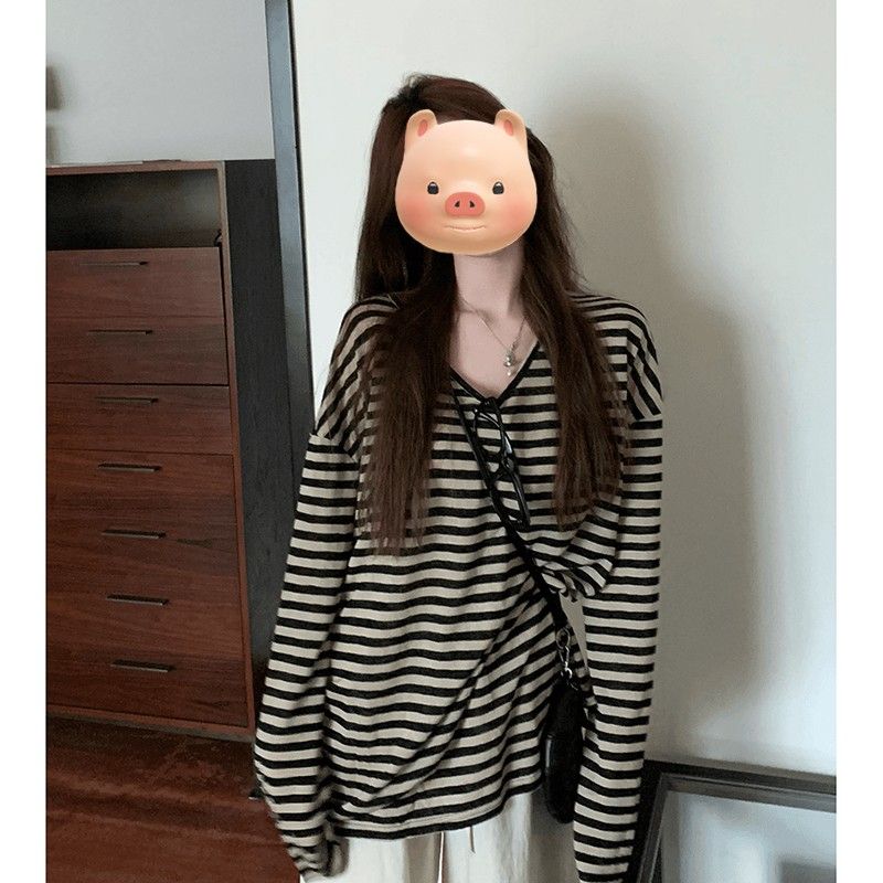 美式条纹t恤女2025初秋新款慵懒风宽松复古显瘦百搭长袖上衣早秋