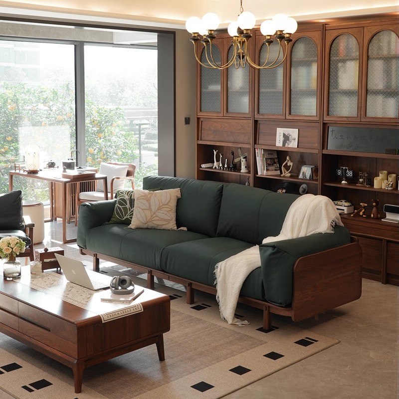 北美黑胡桃木沙发实木中古小户型客厅真皮沙发直排四人位沙发一套