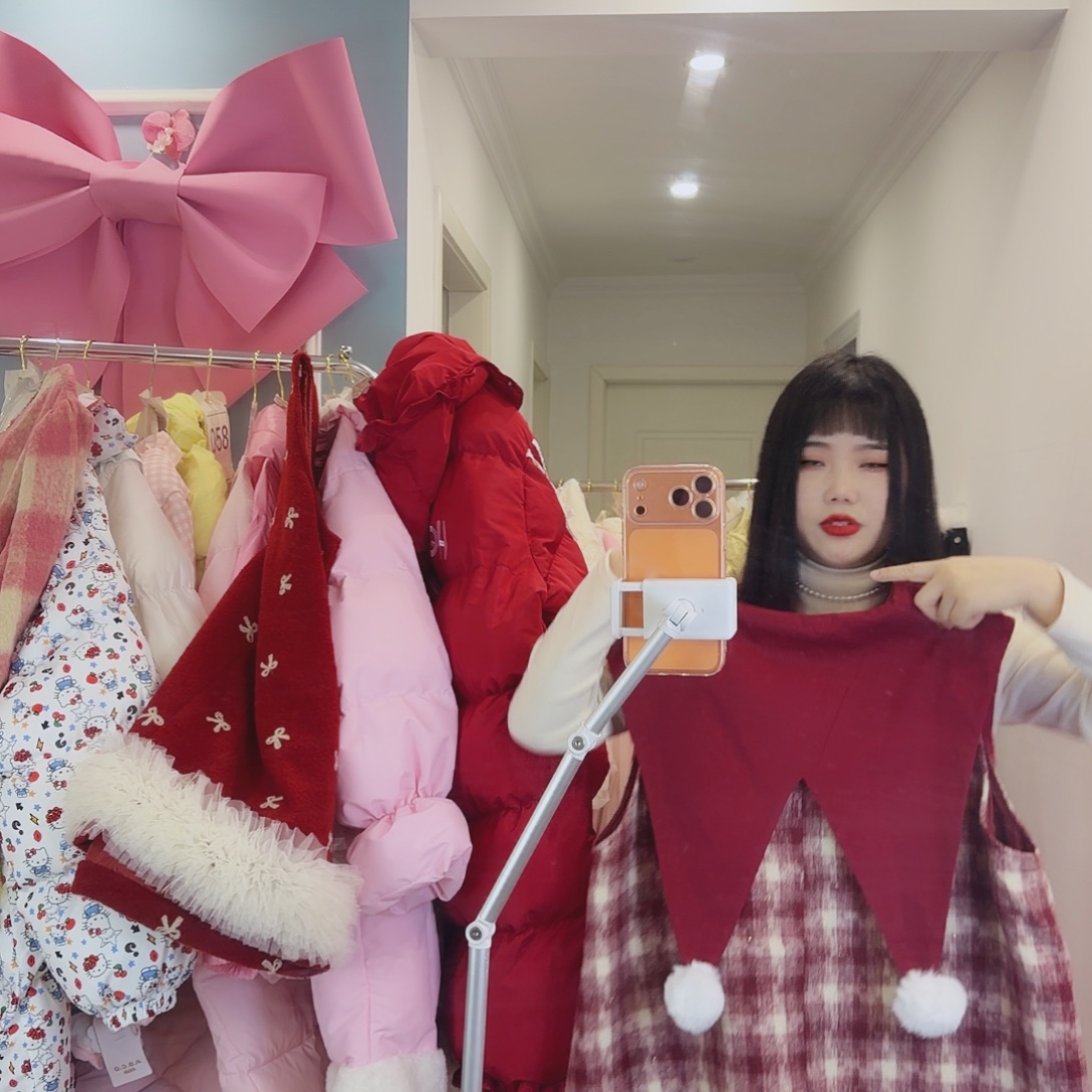 红色格子2个白球背心裙