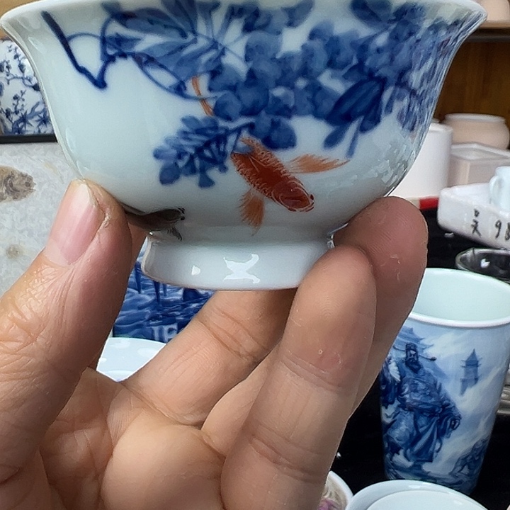 牜***ō纯手工青花鱼盖碗