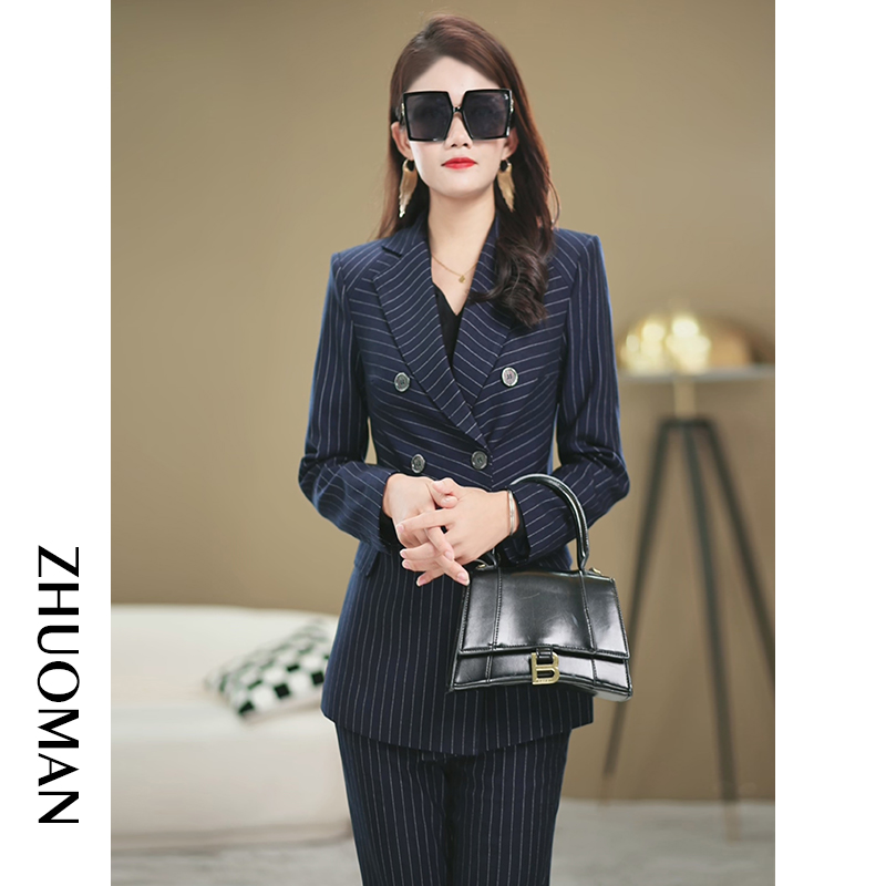 【卓曼定制】2025春季设计感显瘦休闲通勤条纹套装气质时尚外套修