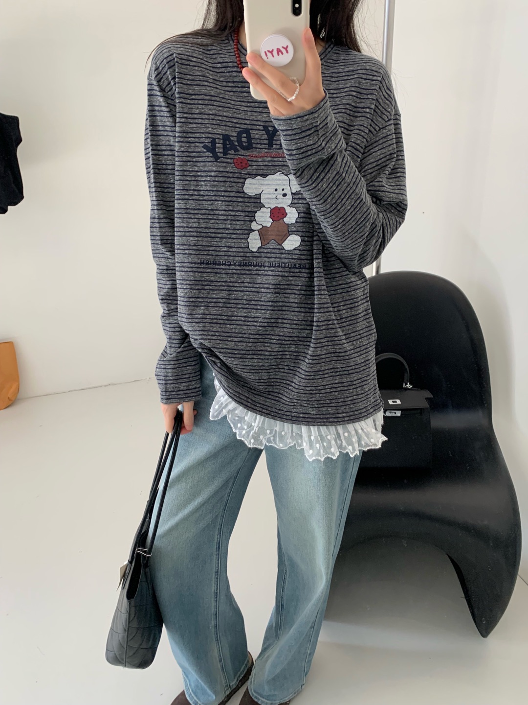 竹节棉条纹印花蕾丝边下摆 51045