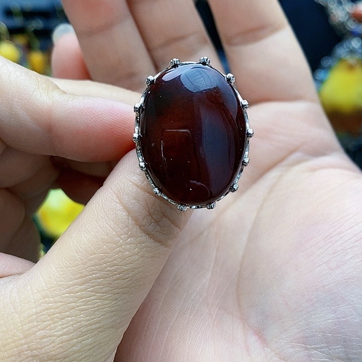 琥珀裸石银S925镶嵌戒指