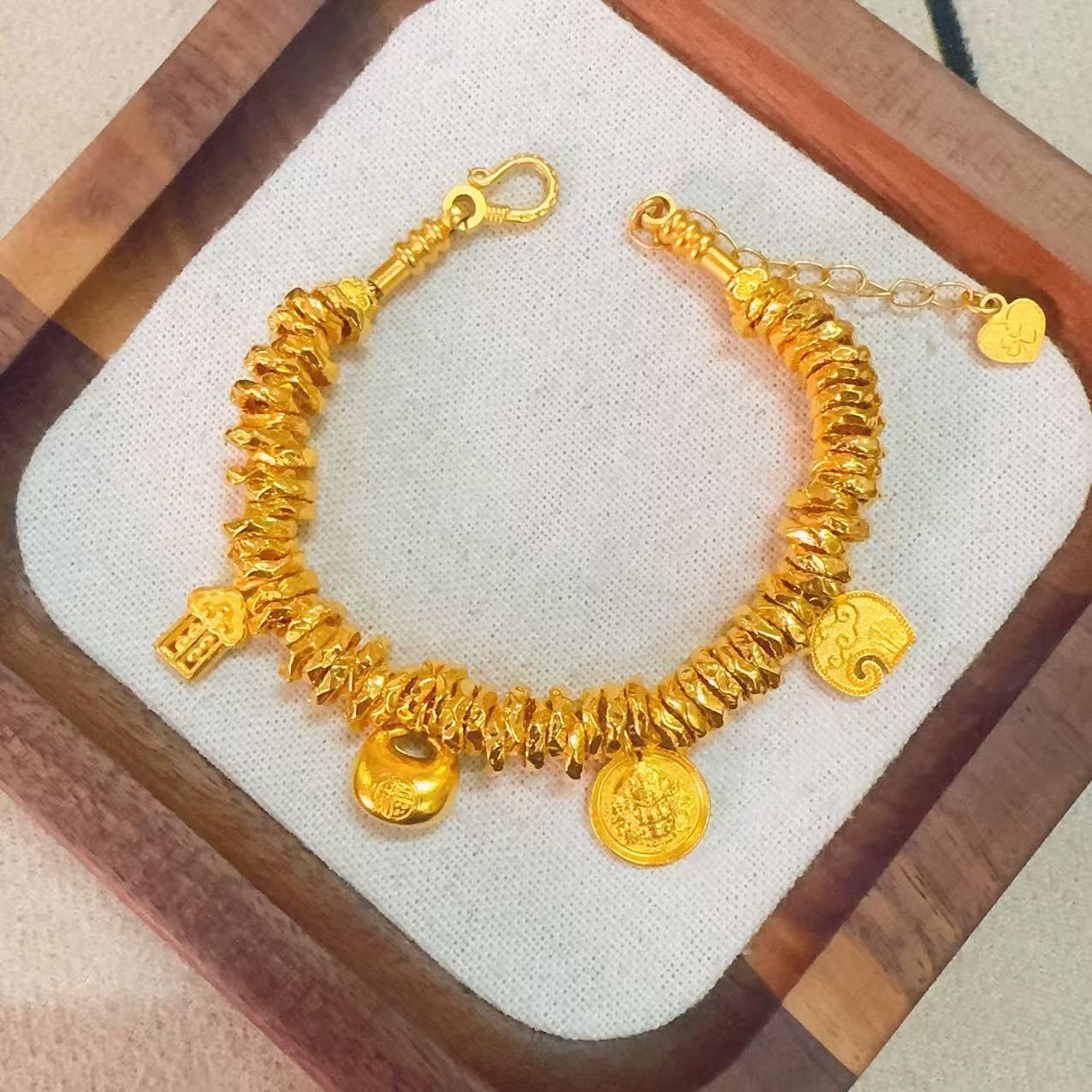 【足金黄财神胖福盘缠手串】卡7mm(配合金链)