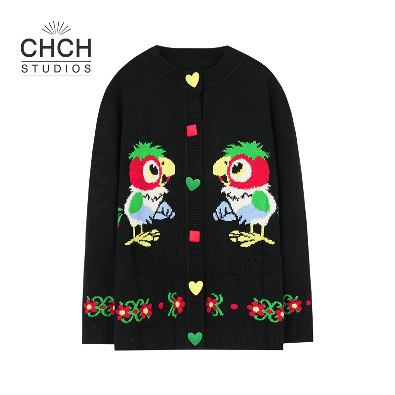 JY4KSC13726 提花卡通鹦鹉时尚彩点百搭长袖针织衫