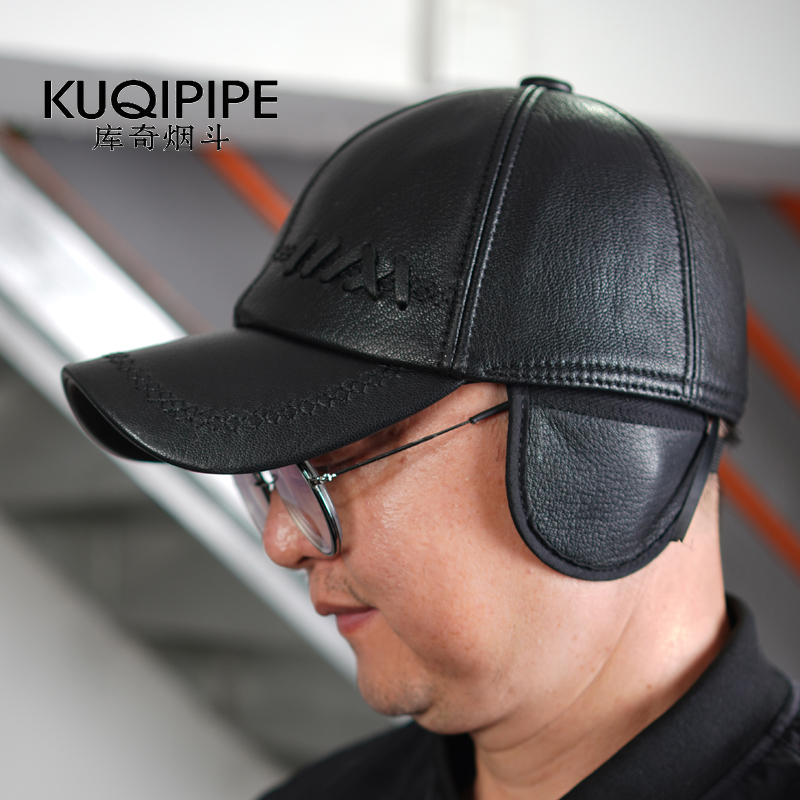 棒球帽子男休闲中老年人秋冬季山羊皮鸭舌潮护耳加厚保暖帽子男款