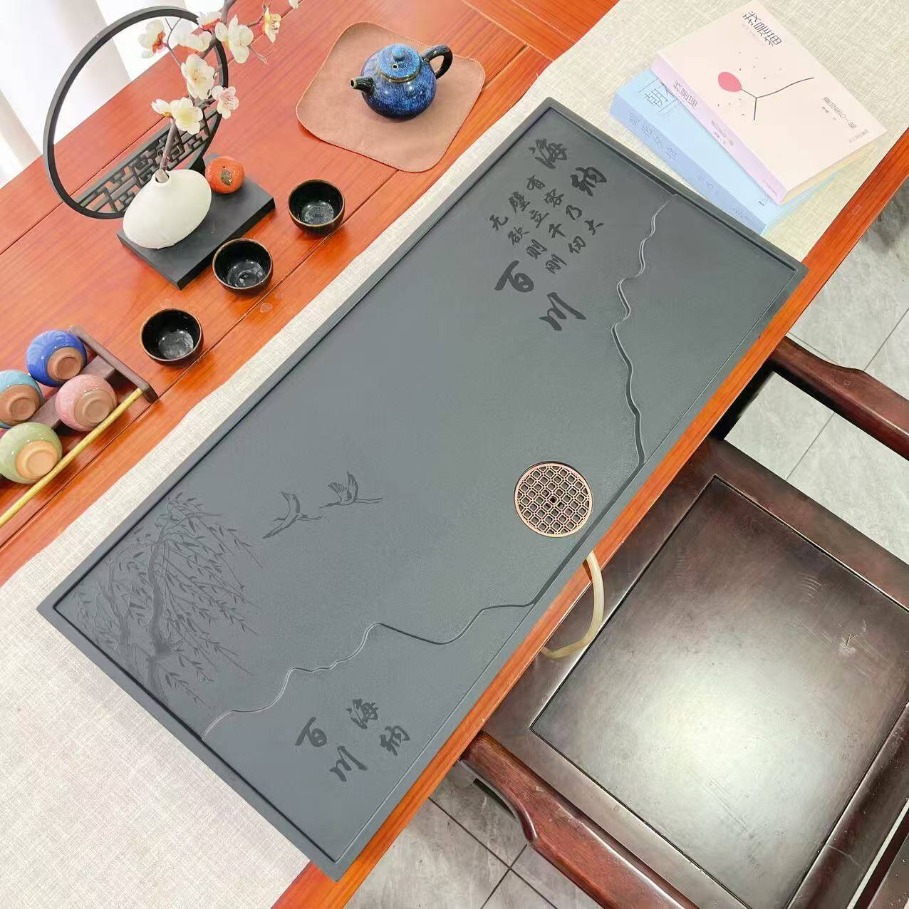 石茶盘干泡台泡茶家用办公室简约轻奢直排下水茶盘长方形茶盘