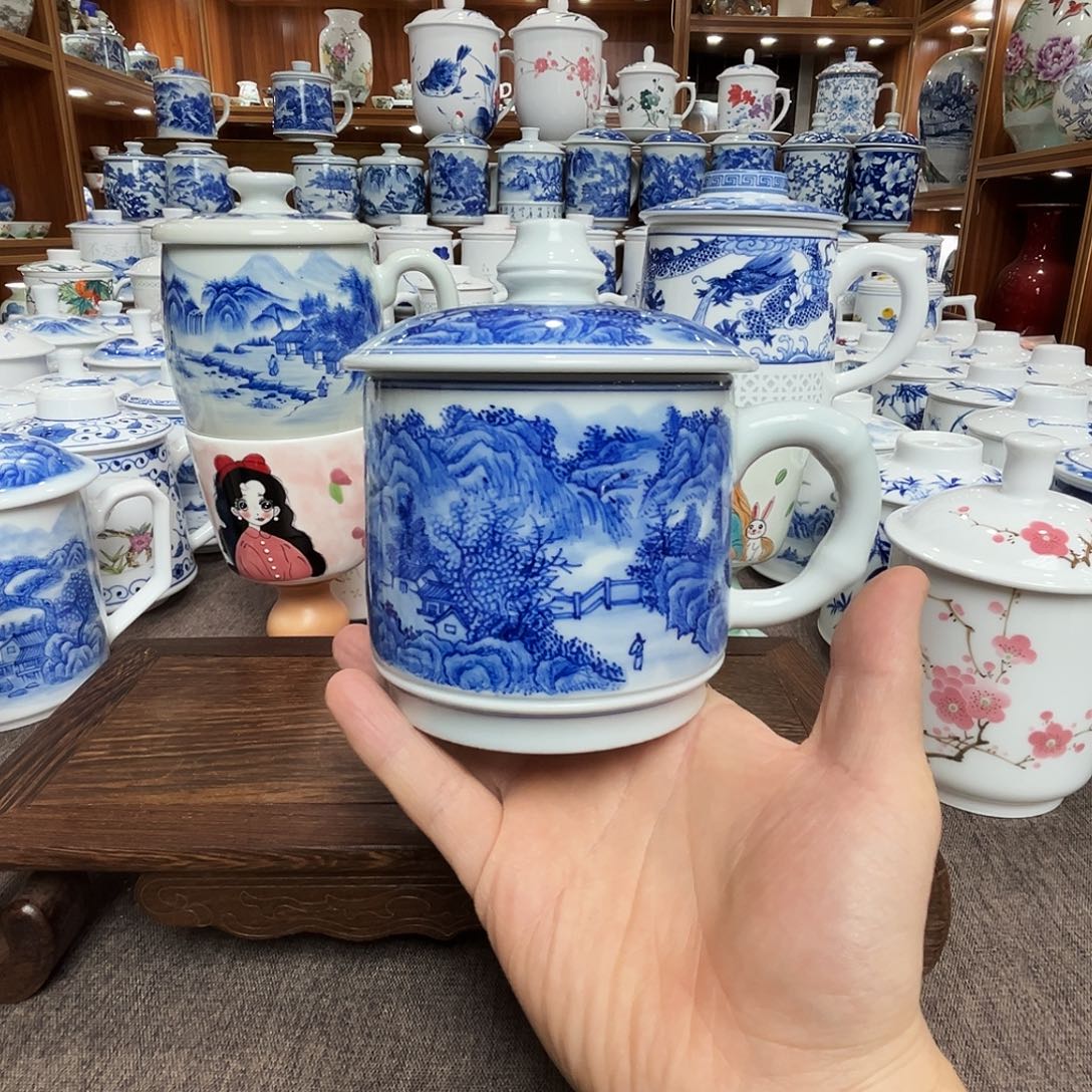 波***哥陶瓷盖子款手工拉坯手绘山水单杯