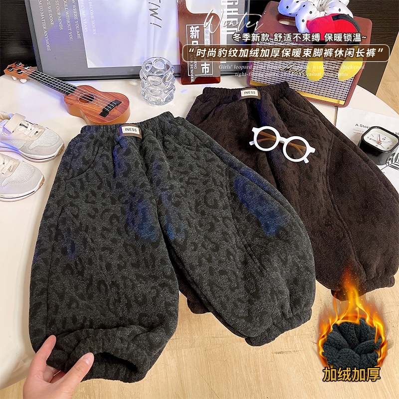 850克加绒加厚弯刀裤中大童绒裤童装男女童裤子豹纹一条过冬宽松