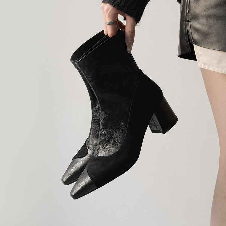 韩系高跟小踝靴复古咖色弹力靴DQ1273