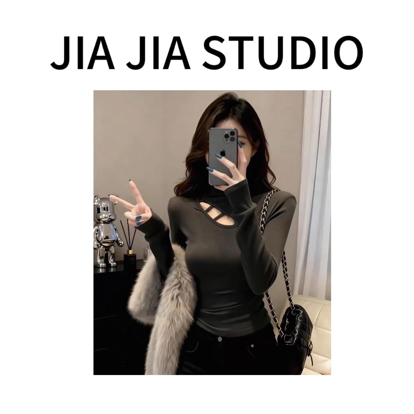 【嘉嘉推荐】磨毛加厚 半高领修身显瘦镂空打底上衣#5002