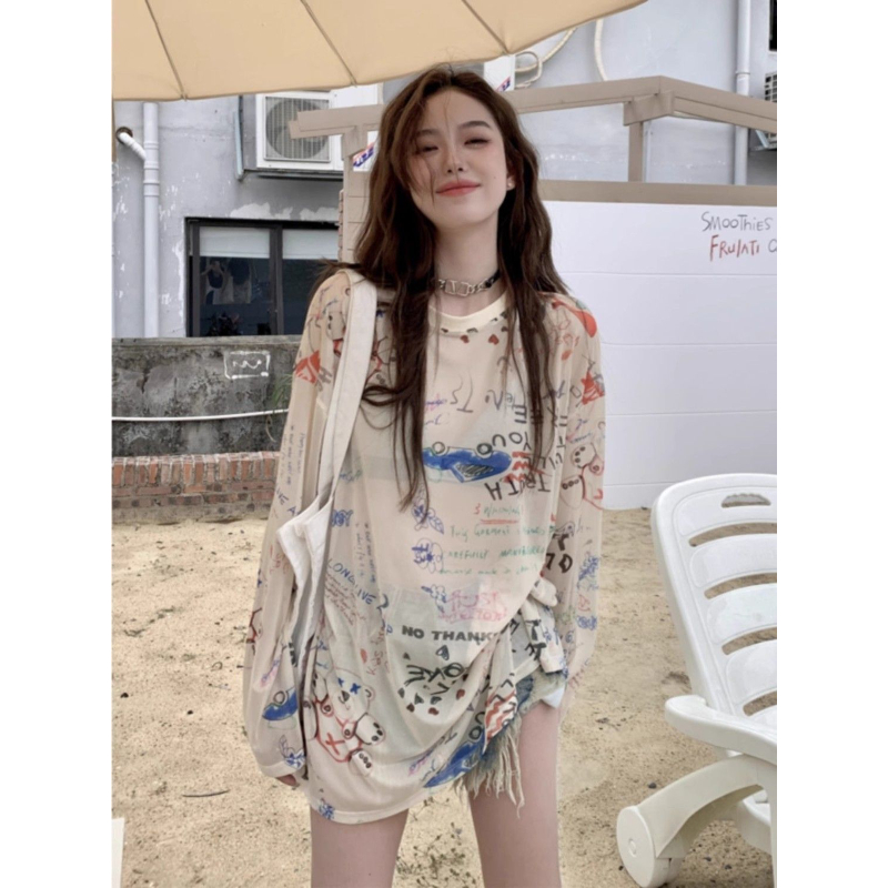 微透宽松网纱透气涂鸦嘻哈上衣女装薄款长袖t恤减龄印花防晒罩衫