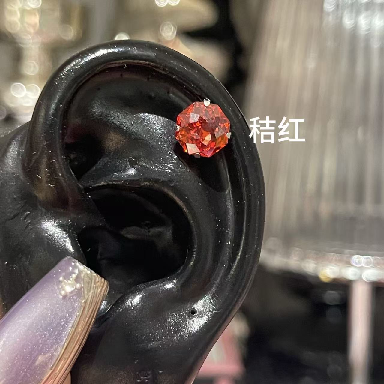 钛钢锆石耳饰 5A锆石 6mm手捧花切尖底彩钻爆闪耳钉医用钛钢材质