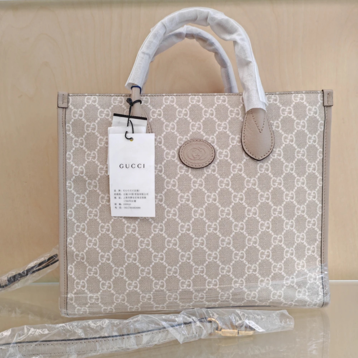 99新 GUCCI/古驰 老花托特 燕麦色 手提斜挎包