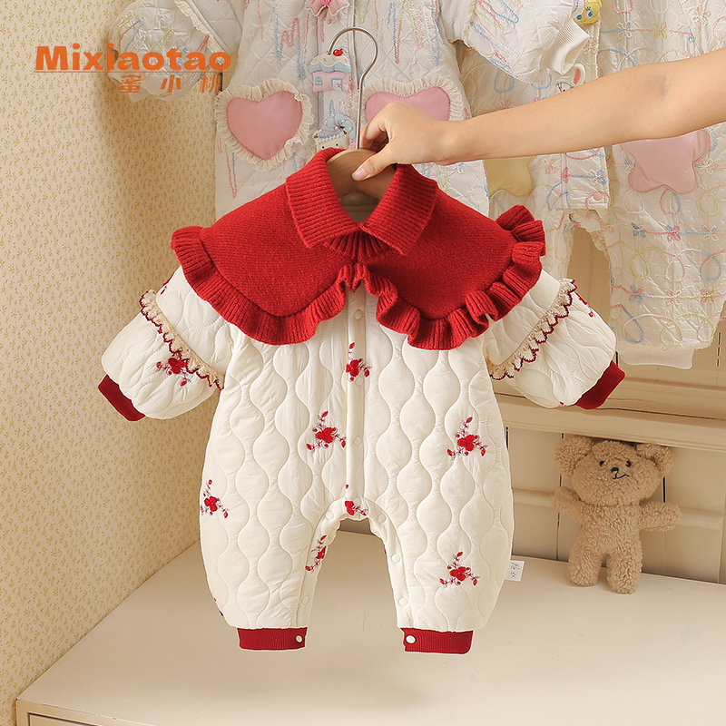 冬款红色蔷薇夹棉哈衣女童长袖幼儿婴儿新生儿女宝婴童宝宝外出服