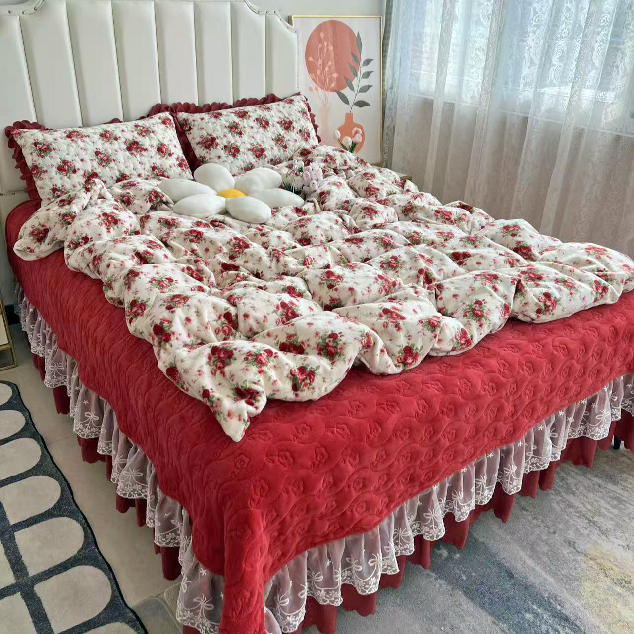 新款直播爆款牛奶绒印花床盖四件套双层蕾丝花边夹棉床盖三件套