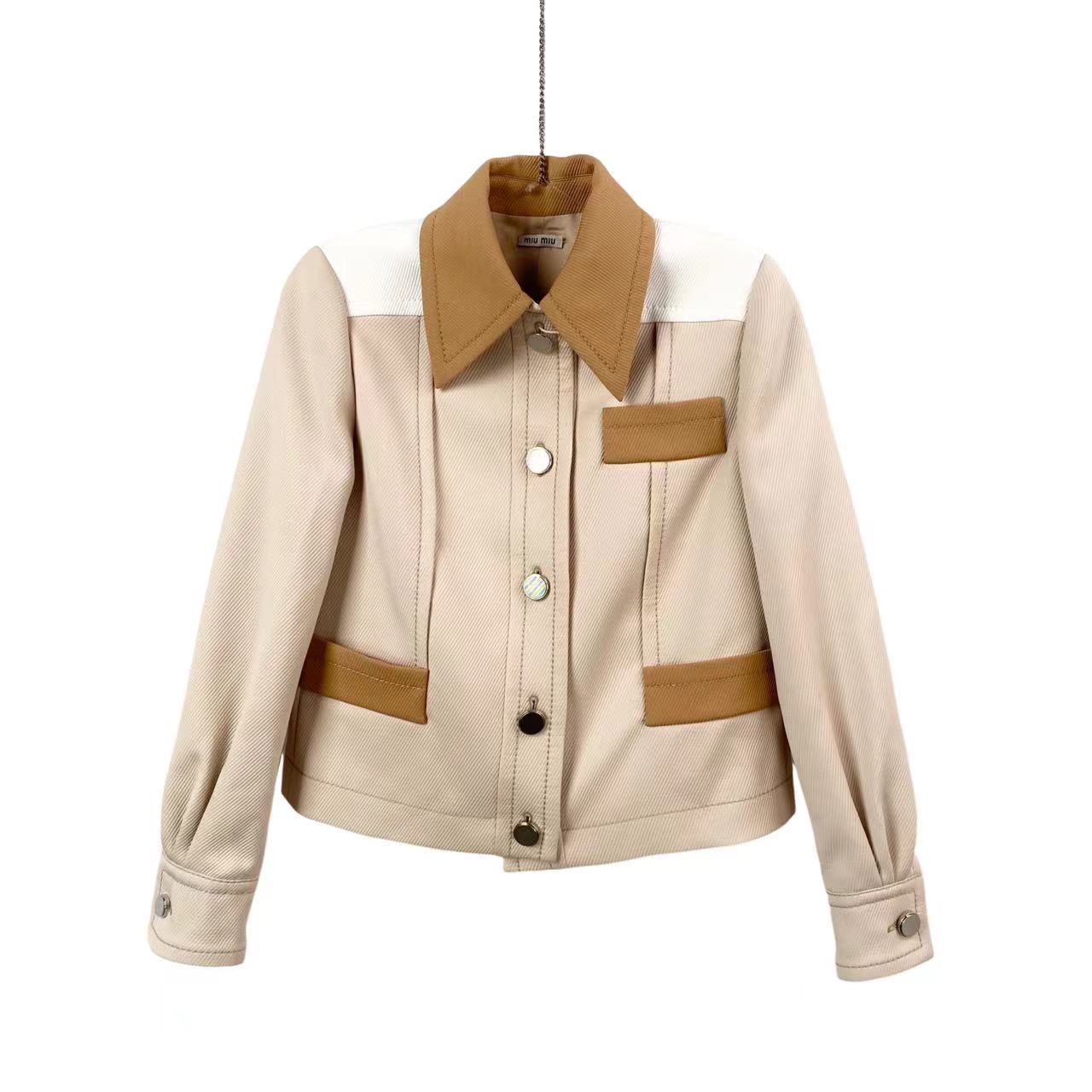 95新 MIU MIU/缪缪  bb一零九六 聚酯纤维 卡其色拼接夹克 38码