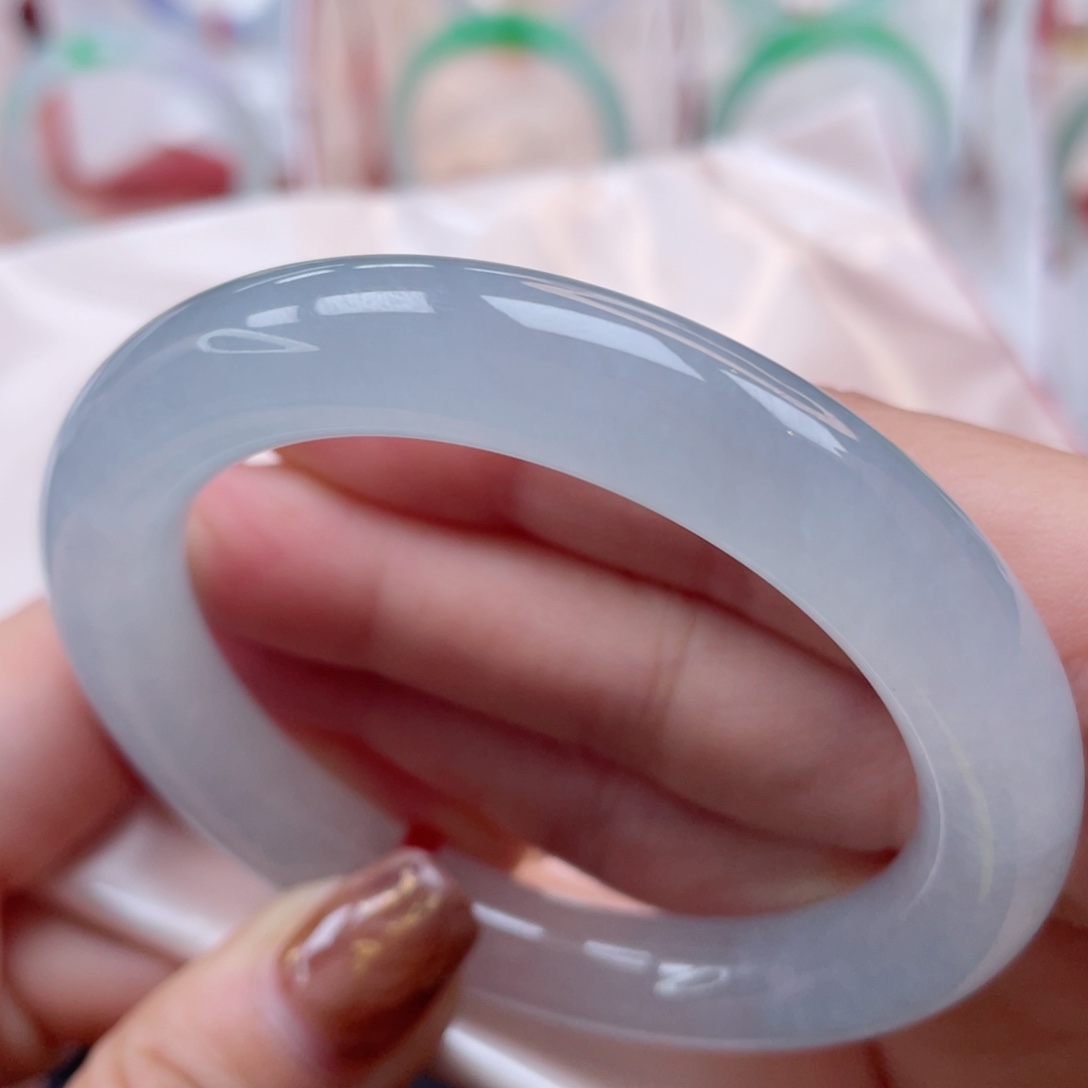 未镶嵌手镯翡翠53.5圆条 冰川蓝 冰透起光感15号