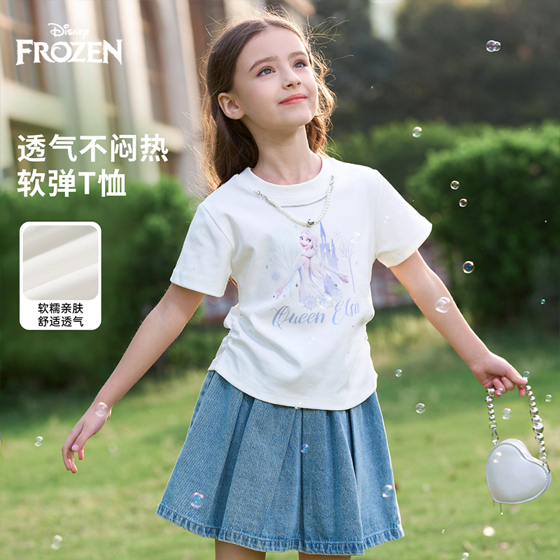 Disney/迪士尼夏季卡通动漫短袖2025年夏装女T恤圆领亲肤中大童