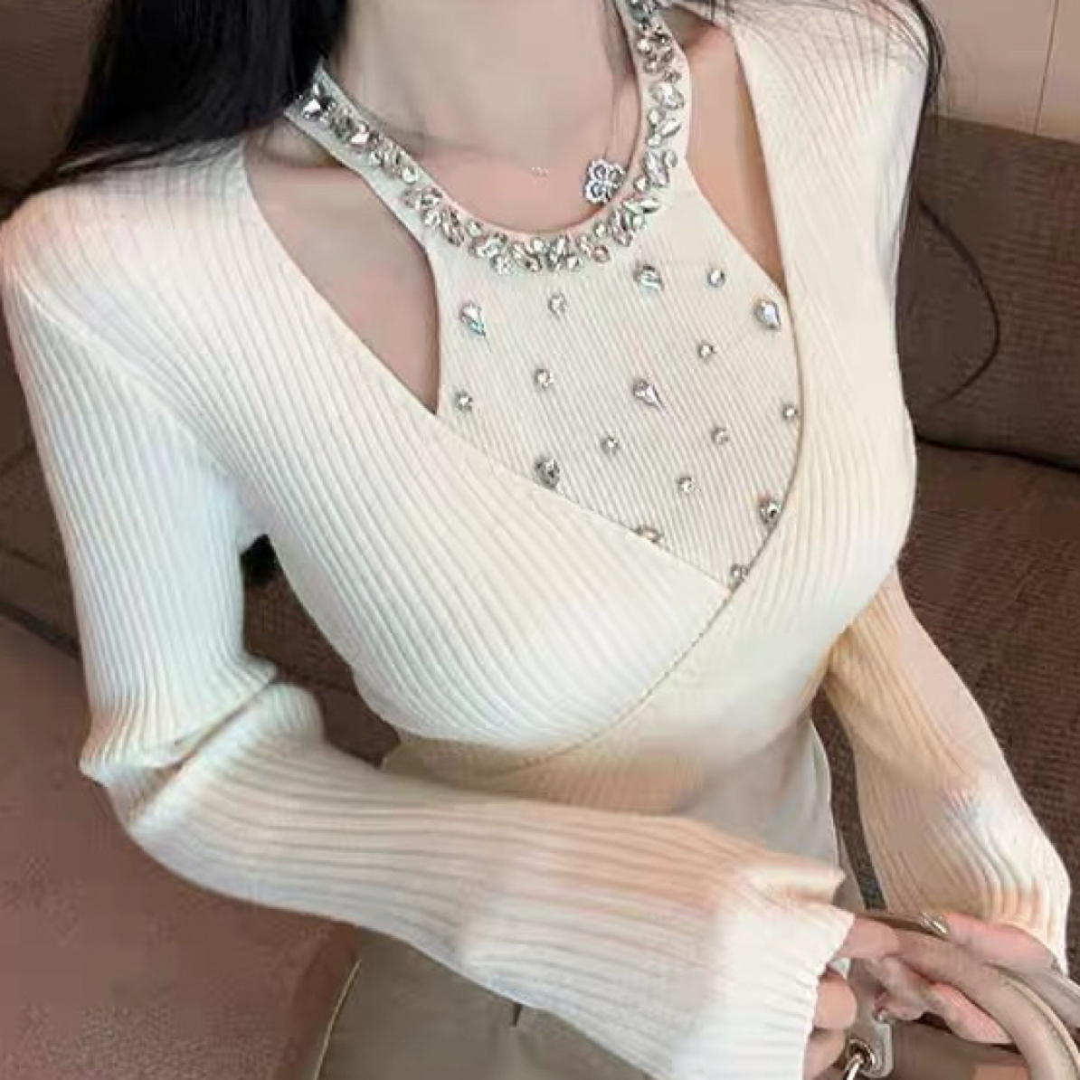 秋冬独特别致辣妹挂脖假两件针织打底衫女设计感绝美长袖短款上衣