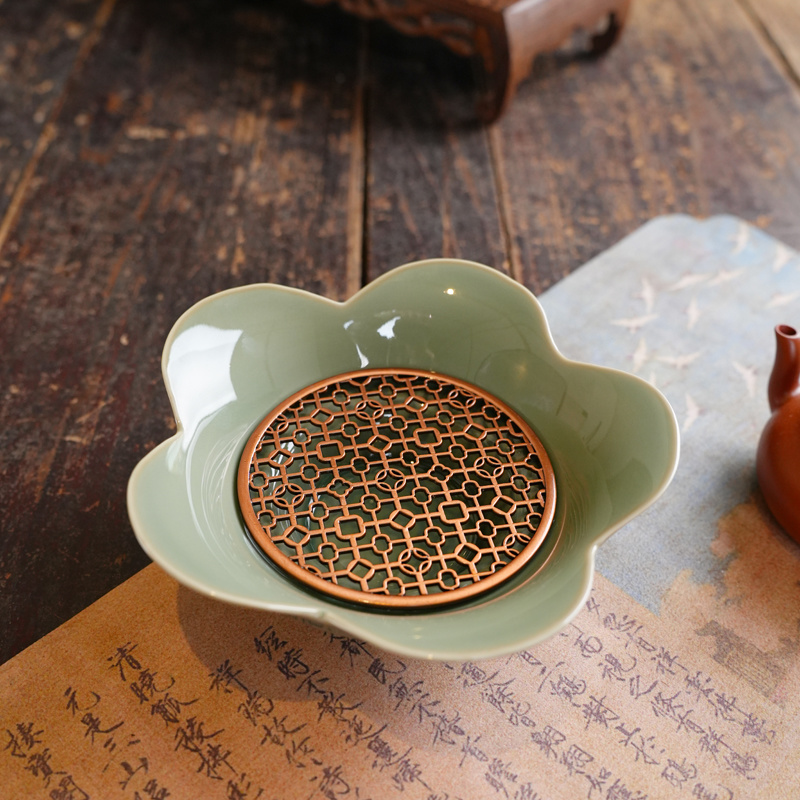青瓷花语壶承/干泡盘复古花口合金垫片茶盘茶壶托功夫茶具