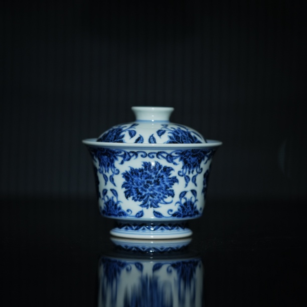 五云随安青花开窗花卉纹马蹄陶瓷复古釉里红小盖碗盖碗茶具