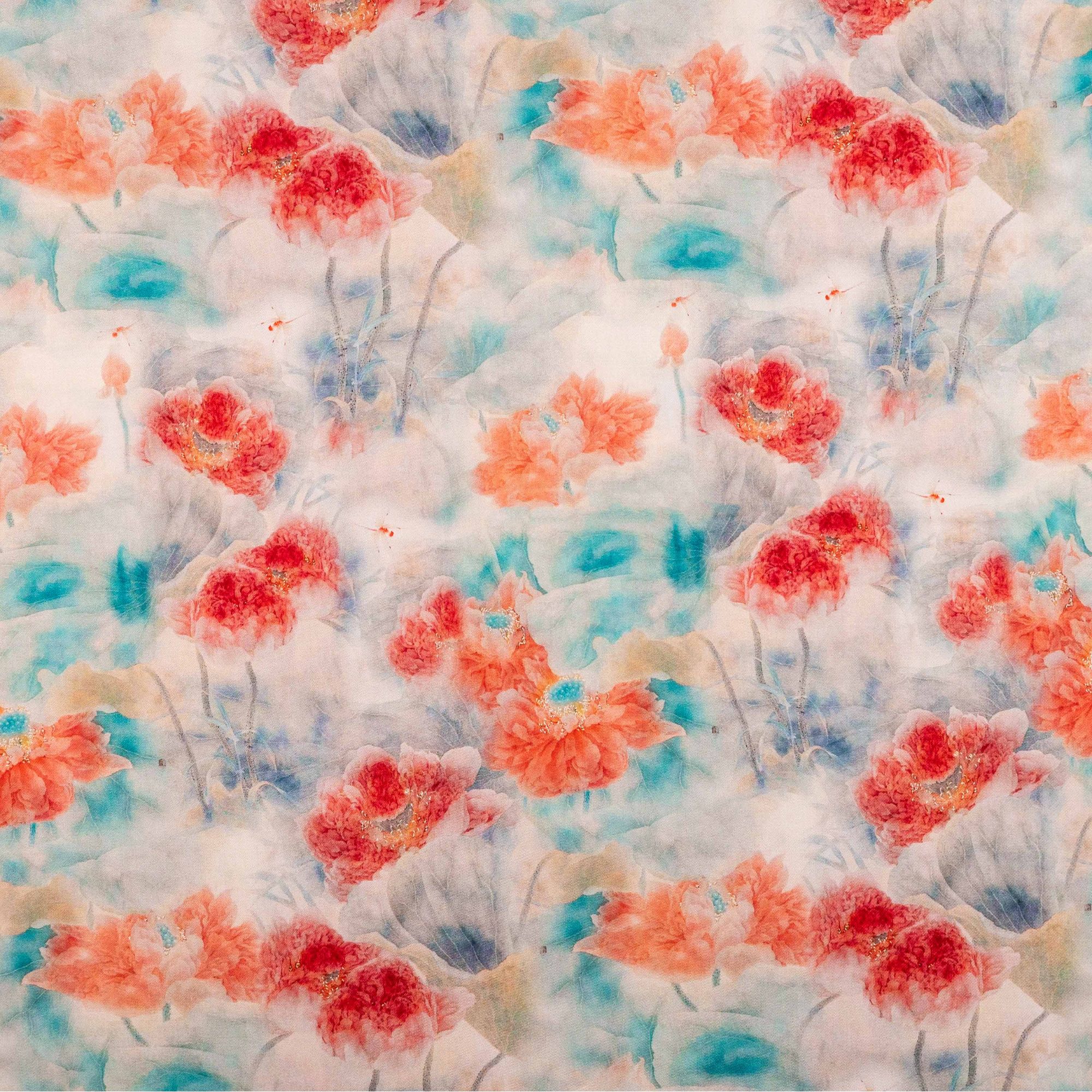 高支丝光棉贡缎 荷风映澜数码印花面料新工艺连衣裙旗袍柔软透气