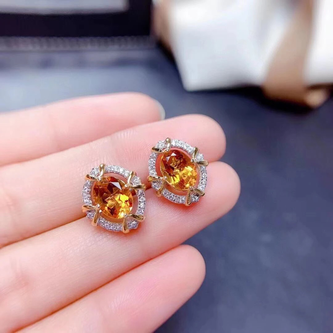 天然黄水晶耳钉s925银镶嵌精美百搭显白显气质