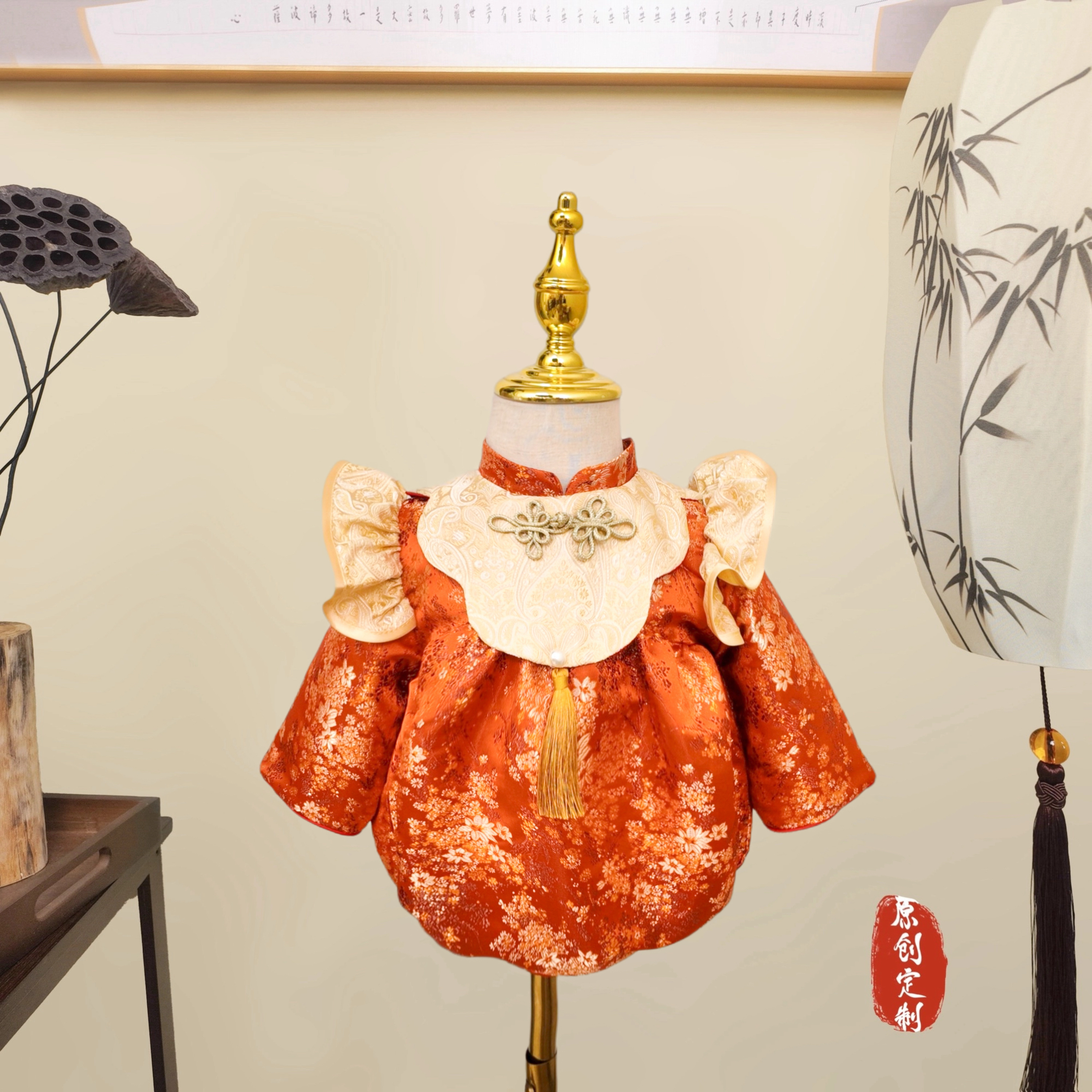 Next babe橙色秋季女宝周岁礼服国风刺绣包屁衣中国风