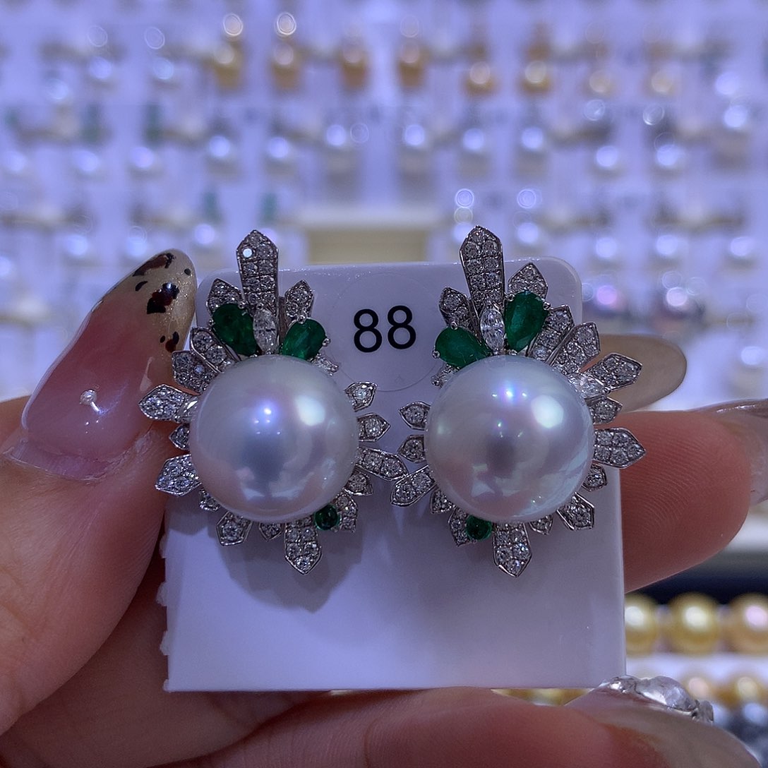 海水珍珠耳饰18K金镶嵌13/14mm澳白