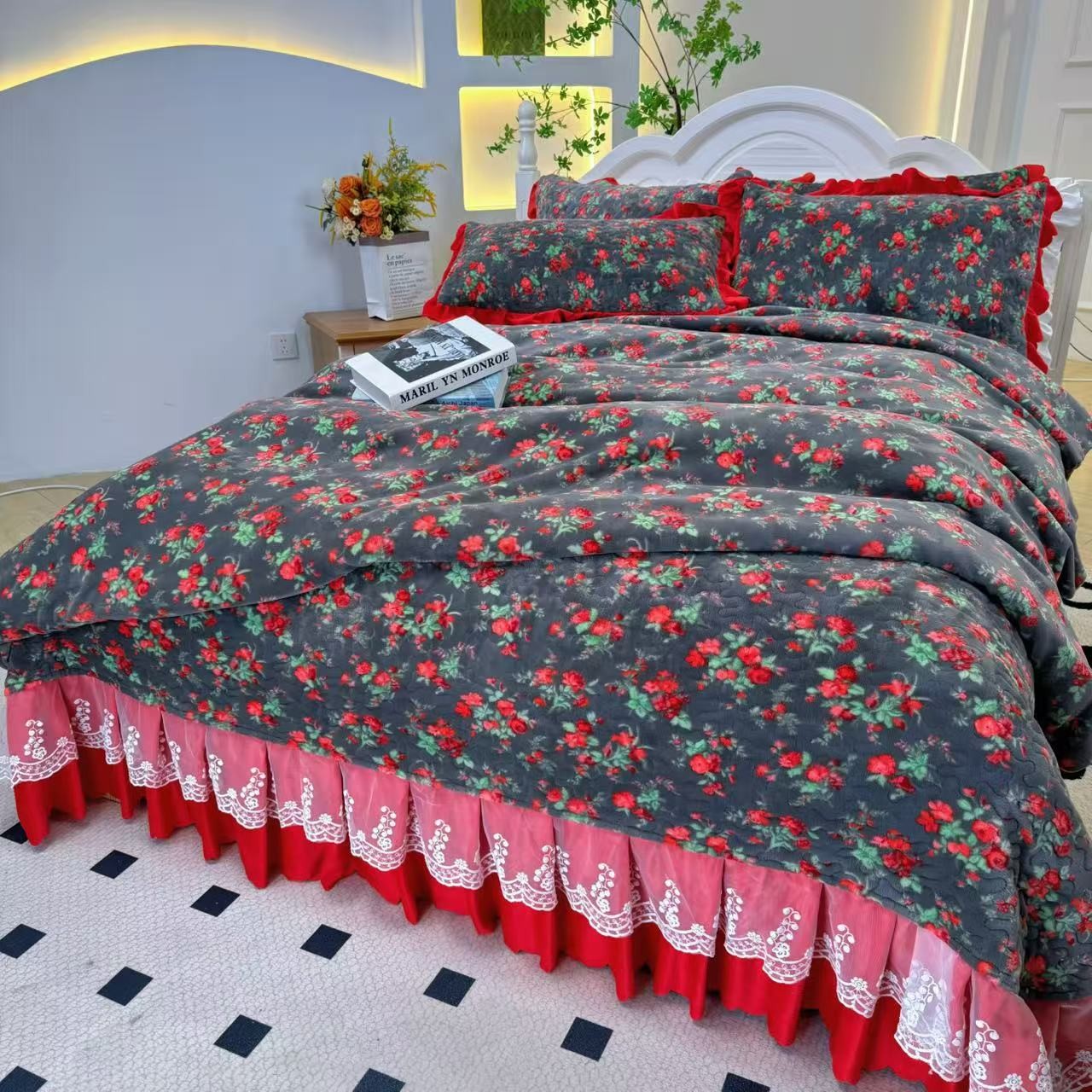 ◇秋冬新款加厚保暖宝宝绒【床盖四件套】被套枕套蕾丝床裙床品套件F