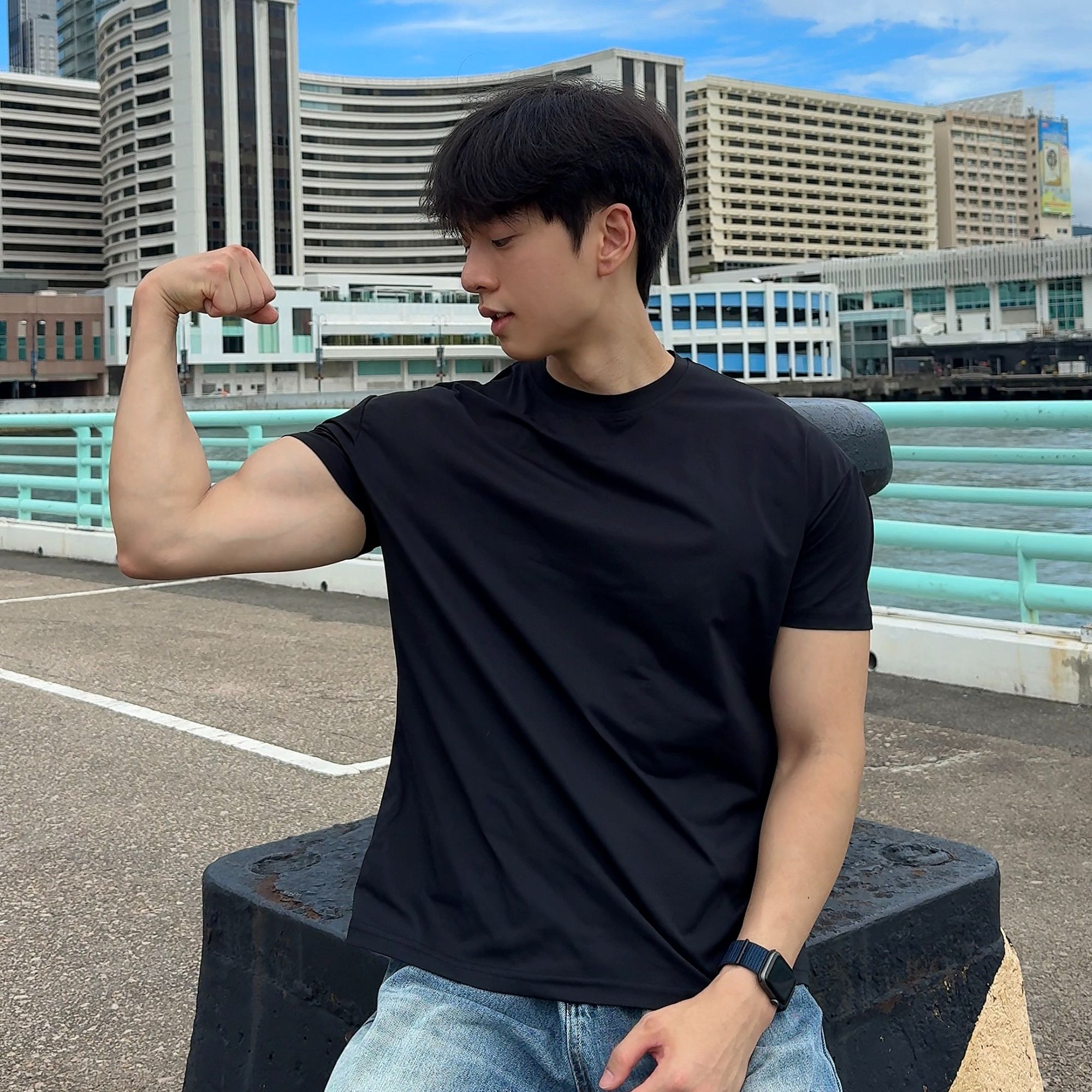 BST 美式休闲纯色高弹力拼接纯色夏季透气运动休闲圆领口粮T