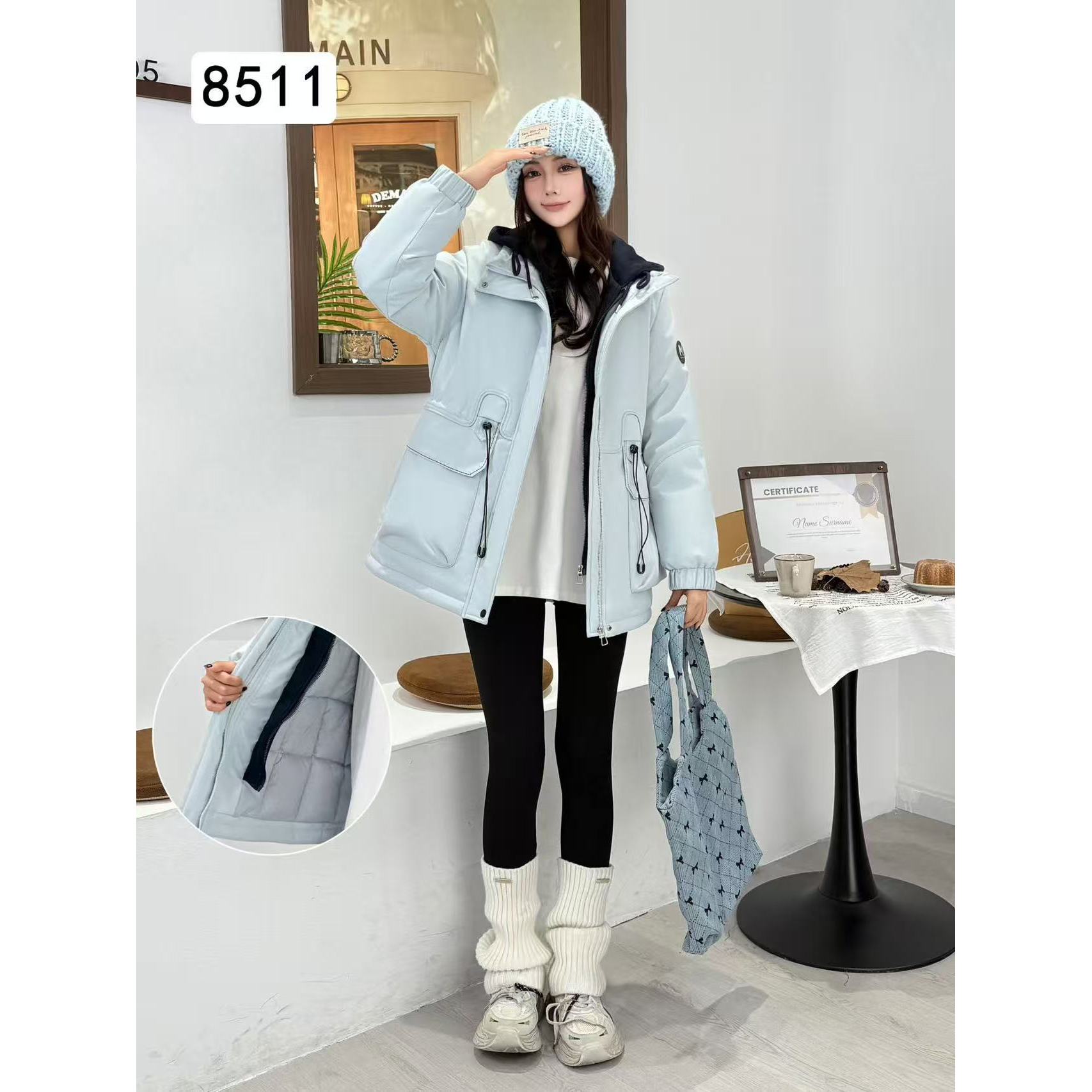 8511款-冬季加厚加绒新款韩版时尚撞色连帽气质外套yy